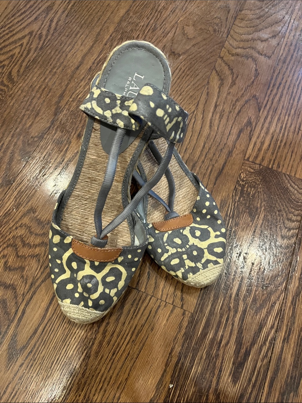 Ralph Lauren Gray Canvas Espadrille Sandals with Yellow Floral Pattern 9